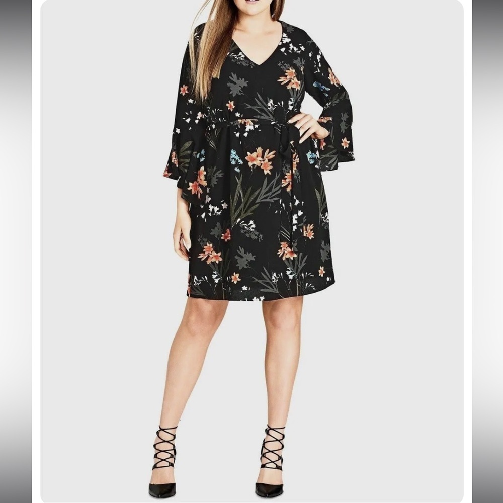 City Chic Black Floral Bell Sleeve Dress